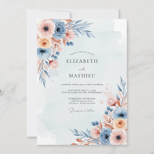 Invitation Mariage Botanique Brouillard Bleu Poussiéreux (Devant)