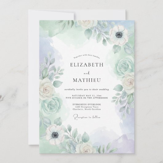 Invitation Mariage Botanique Brumeux Vert Menthe (Devant)