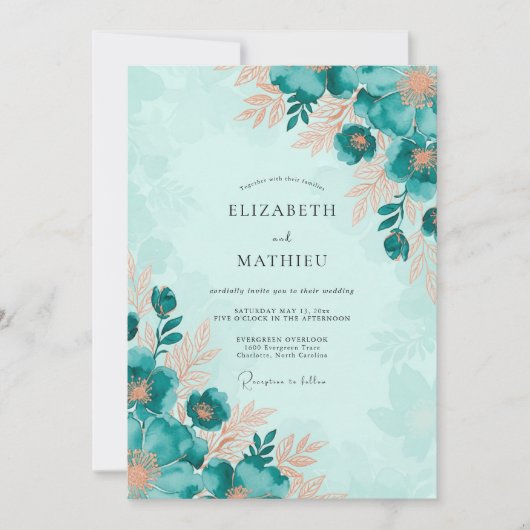 Invitation Mariage Botanique Captivant Sarcelle (Devant)