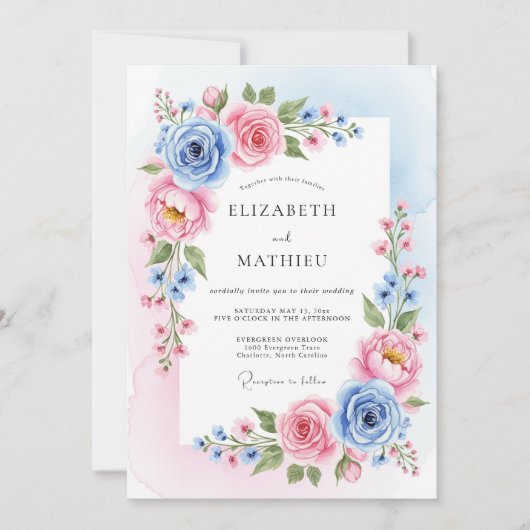 Invitation Mariage Botanique Céleste et Rose (Devant)