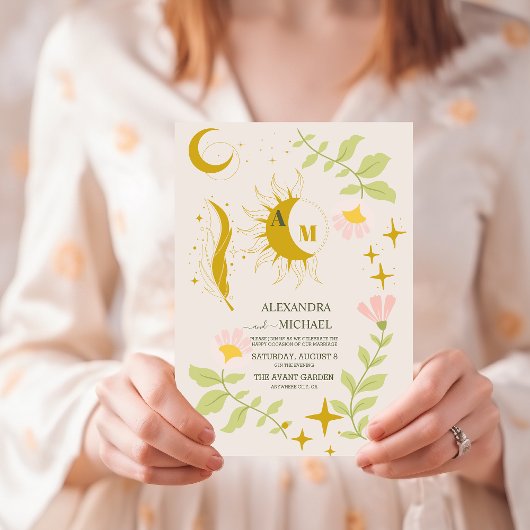 Invitation Mariage Botanique Céleste Vintage Monogramme