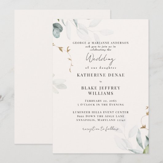 Invitation Mariage Botanique Champagne Clair (Devant / Derrière)