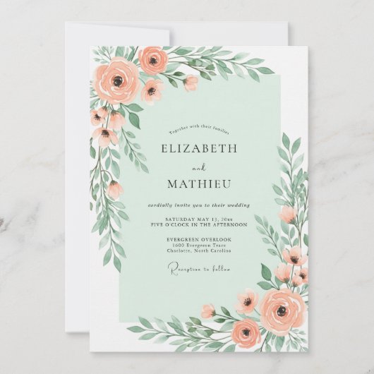 Invitation Mariage Botanique Charmant Vert Menthe (Devant)