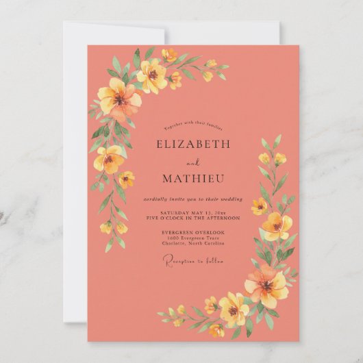 Invitation Mariage Botanique Chaud Doré Corail (Devant)