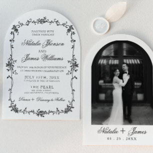 Invitation Mariage Botanique Classe Noir Blanc Floral Arqué