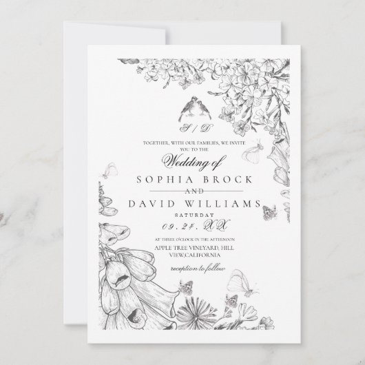 Invitation Mariage Botanique Classique Blanc Noir  (Devant)