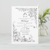 Invitation Mariage Botanique Classique Blanc Noir  (Debout devant)