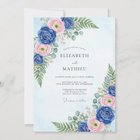 Invitation Mariage Botanique Classique Bleu Marine (Devant)