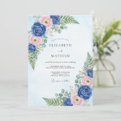 Invitation Mariage Botanique Classique Bleu Marine (Debout devant)