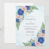 Invitation Mariage Botanique Classique Bleu Marine (Devant / Derrière)