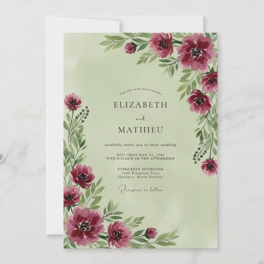 Invitation Mariage Botanique Classique Vert Sauge (Devant)