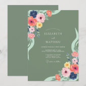 Invitation Mariage Botanique Coloré Sage (Devant / Derrière)