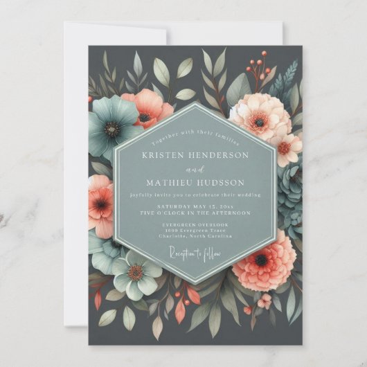 Invitation Mariage Botanique Corail Ardoise (Devant)