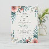 Invitation Mariage botanique corail et Turquoise (Debout devant)