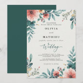 Invitation Mariage botanique corail et Turquoise (Devant / Derrière)