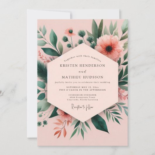 Invitation Mariage botanique corail fantaisie (Devant)