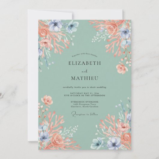 Invitation Mariage Botanique Corail Pêche Romantique (Devant)
