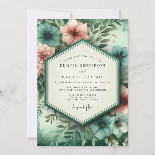 Invitation Mariage Botanique Corail Sarcelle Romantique (Devant)