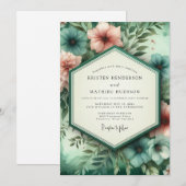 Invitation Mariage Botanique Corail Sarcelle Romantique (Devant / Derrière)