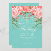 Invitation Mariage botanique Coral Floral sur Turquoise (Devant / Derrière)