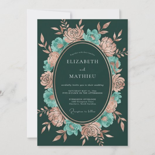 Invitation Mariage Botanique Cuivre Vert Chasseur (Devant)