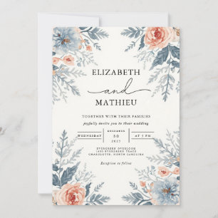 Invitation Mariage botanique de corail bleu doux