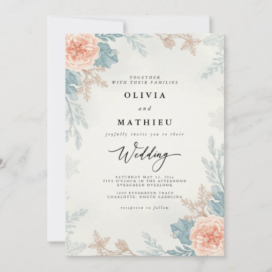 Invitation Mariage botanique de corail coupé (Devant)