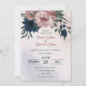 Invitation mariage botanique de fleurs rose et marine (Devant)