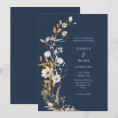Invitation Mariage botanique de la marine fleur sauvage (Devant / Derrière)