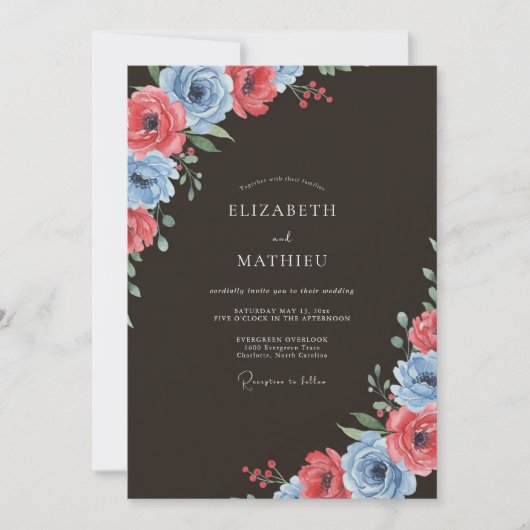Invitation Mariage botanique de printemps bleu corail (Devant)