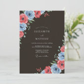 Invitation Mariage botanique de printemps bleu corail (Debout devant)