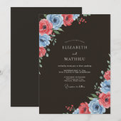 Invitation Mariage botanique de printemps bleu corail (Devant / Derrière)