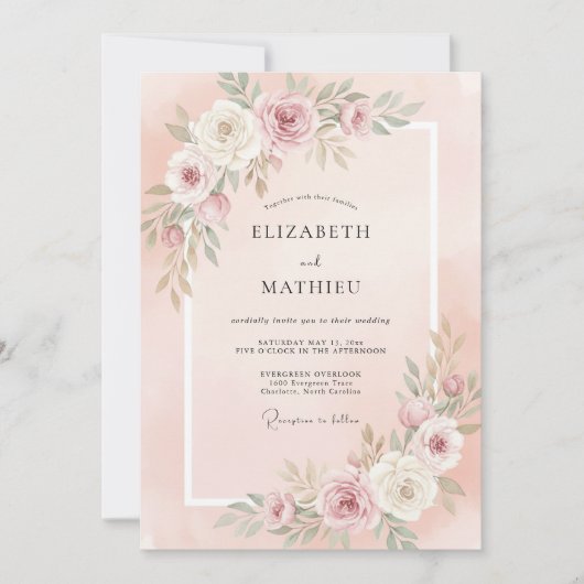Invitation Mariage Botanique Délicat Rose Pâle (Devant)