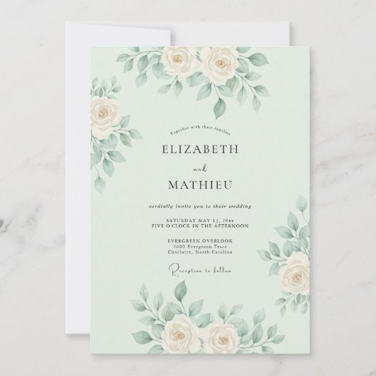Invitation Mariage Botanique Délicat Vert Menthe (Devant)