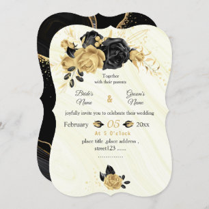 Invitation mariage botanique des fleurs d'or et de noir