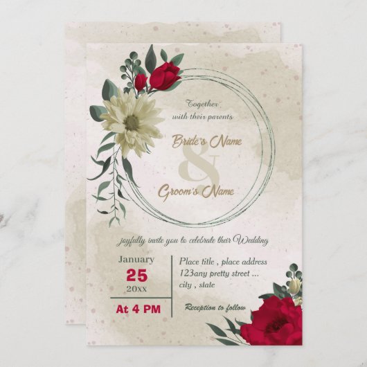 Invitation mariage botanique des fleurs jaune pâle rouge (Devant / Derrière)