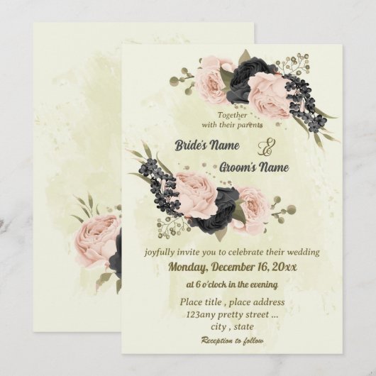 Invitation mariage botanique des fleurs rose vif noir (Devant / Derrière)