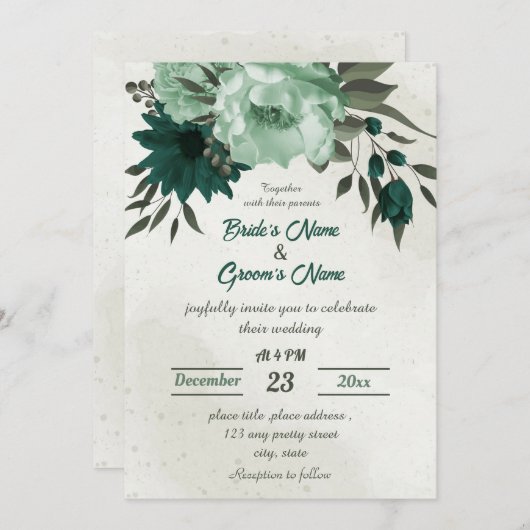 Invitation mariage botanique des fleurs vert émeraude (Devant / Derrière)