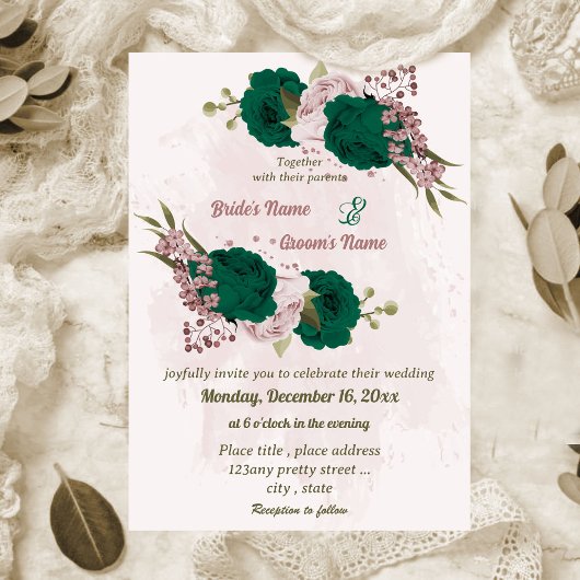 Invitation mariage botanique des fleurs vert émeraude rose