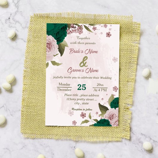 Invitation mariage botanique des fleurs vert émeraude rose