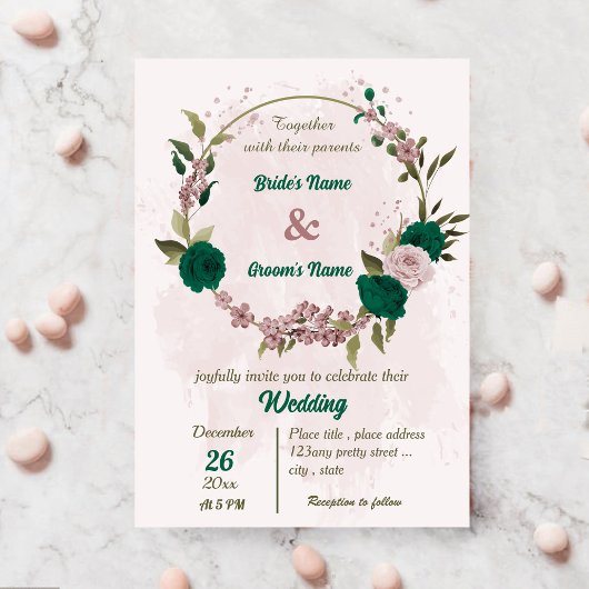 Invitation mariage botanique des fleurs vert émeraude rose