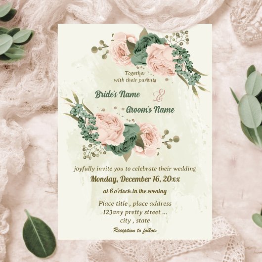 Invitation mariage botanique des fleurs vert sauge