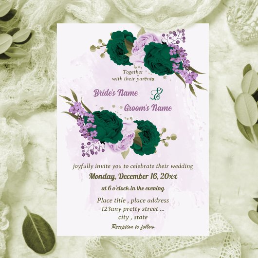 Invitation mariage botanique des fleurs violettes vert émerau