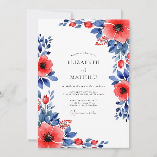 Invitation Mariage Botanique d'Été Indigo Rouge (Devant)