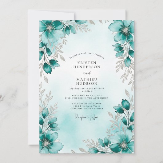 Invitation Mariage botanique d'hiver argent sarcelle (Devant)
