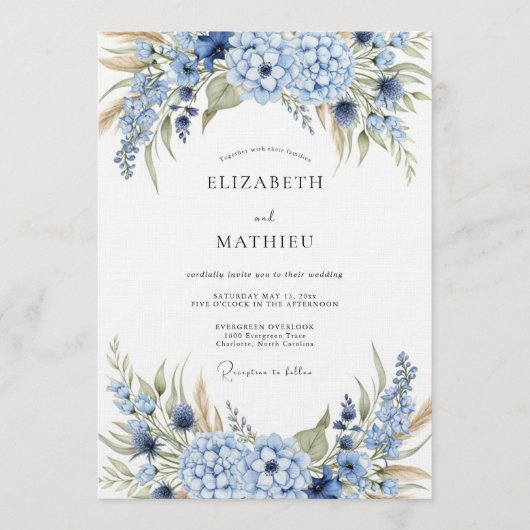 Invitation Mariage Botanique d'Hydrangea Bleu (Devant)