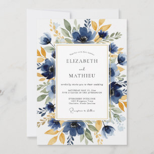 Invitation Mariage Botanique Distingué Bleu Marine
