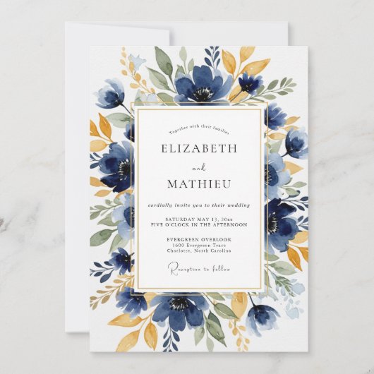 Invitation Mariage Botanique Distingué Bleu Marine (Devant)