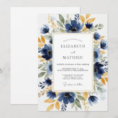 Invitation Mariage Botanique Distingué Bleu Marine (Devant / Derrière)