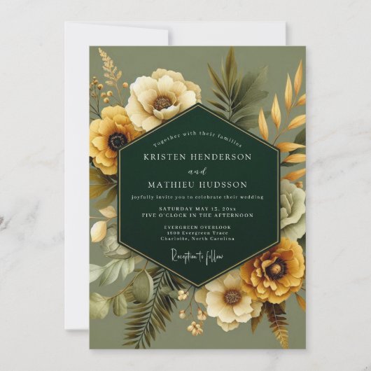 Invitation Mariage botanique d'or émeraude (Devant)